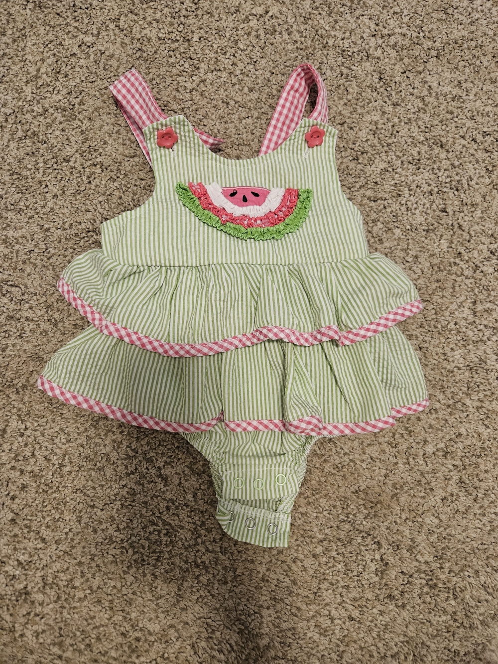 Green Seersucker Watermelon Ruffle Baby Romper